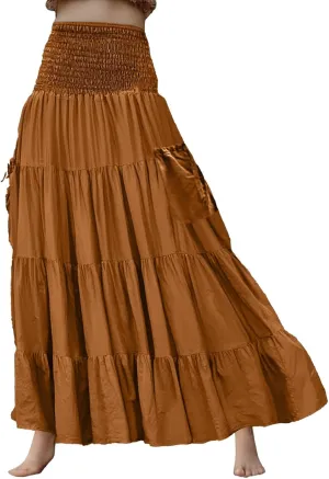 Maxi Dresses for Women Elastic High Waisted Casual Boho Full Skirt Beach Pleated Hippie Gypsy Skirt with Pockets
