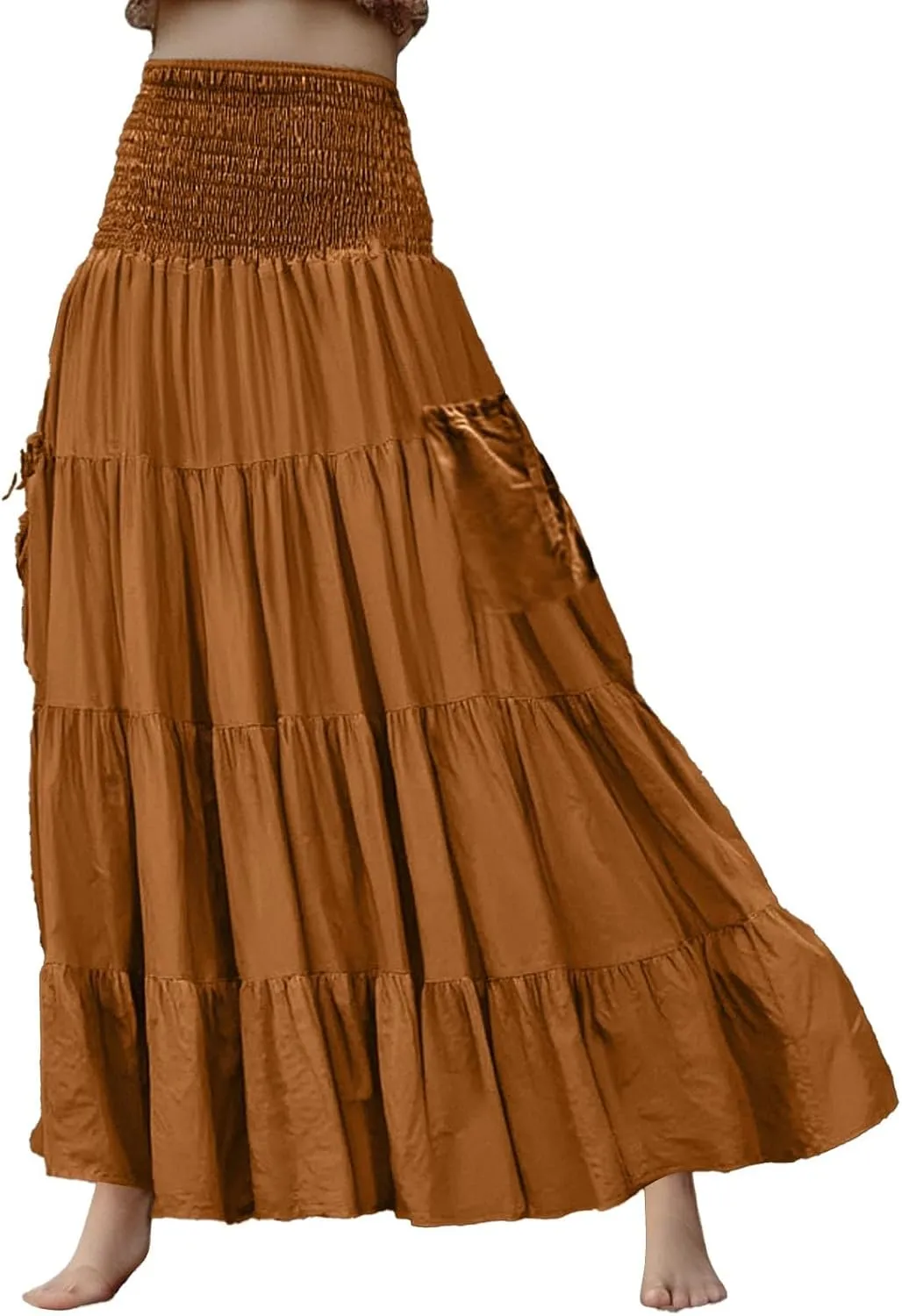 Maxi Dresses for Women Elastic High Waisted Casual Boho Full Skirt Beach Pleated Hippie Gypsy Skirt with Pockets