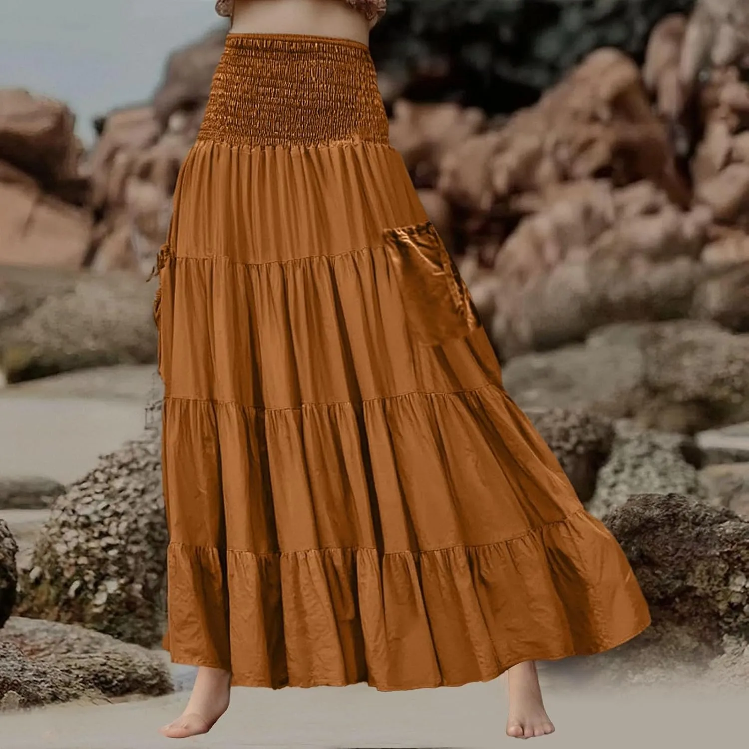 Maxi Dresses for Women Elastic High Waisted Casual Boho Full Skirt Beach Pleated Hippie Gypsy Skirt with Pockets