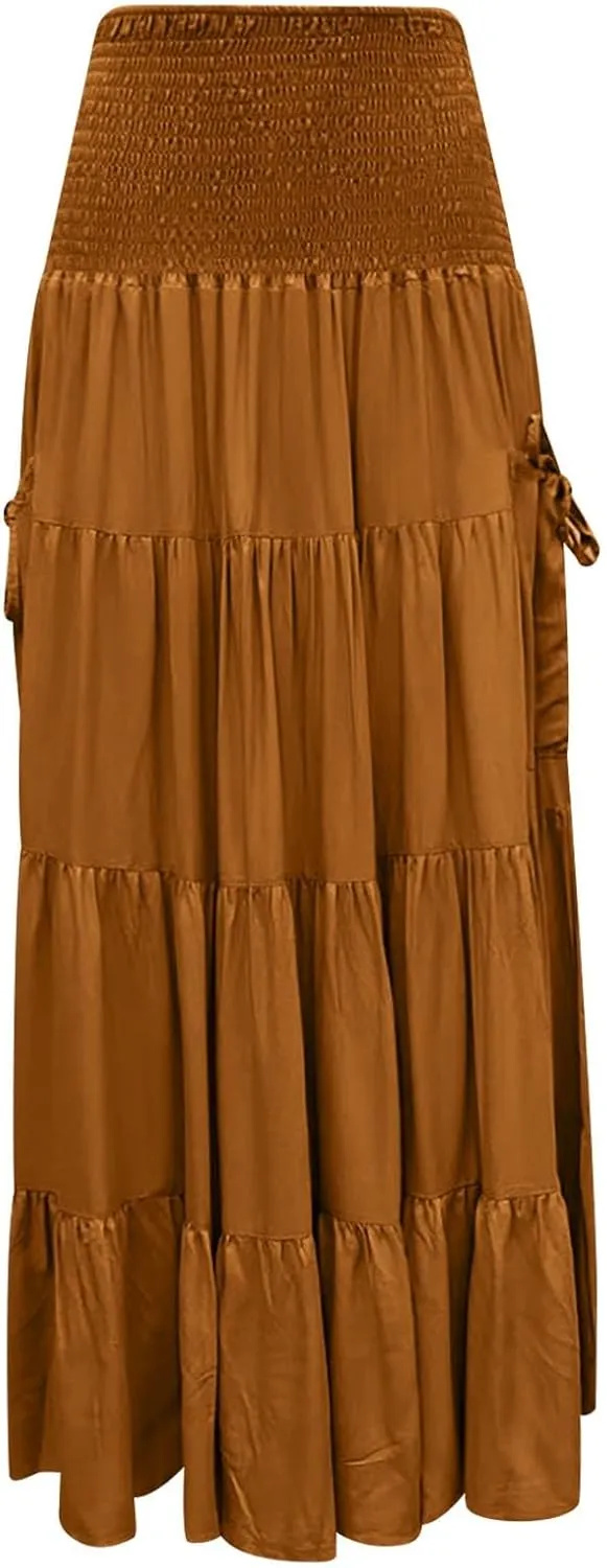 Maxi Dresses for Women Elastic High Waisted Casual Boho Full Skirt Beach Pleated Hippie Gypsy Skirt with Pockets