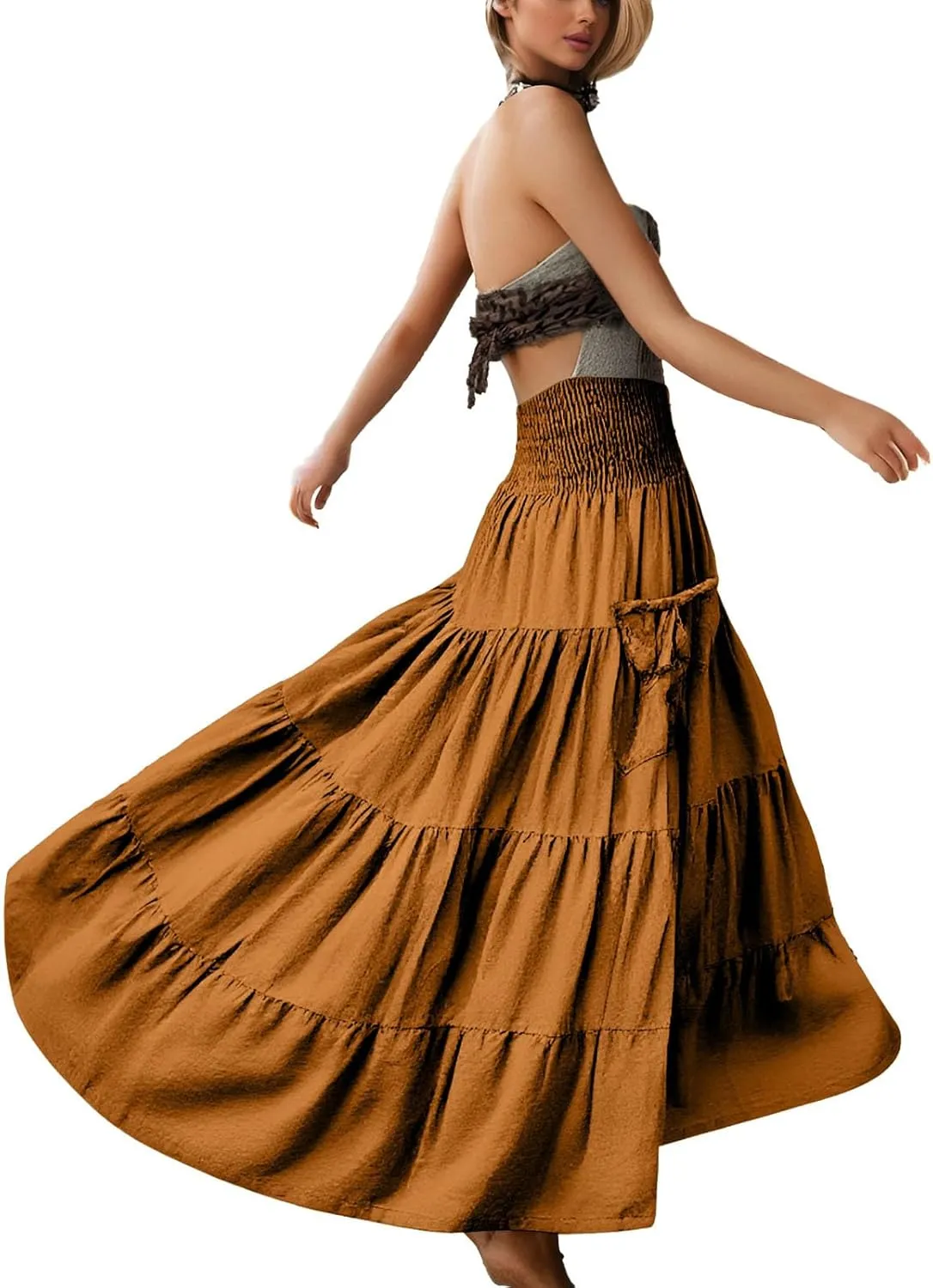 Maxi Dresses for Women Elastic High Waisted Casual Boho Full Skirt Beach Pleated Hippie Gypsy Skirt with Pockets