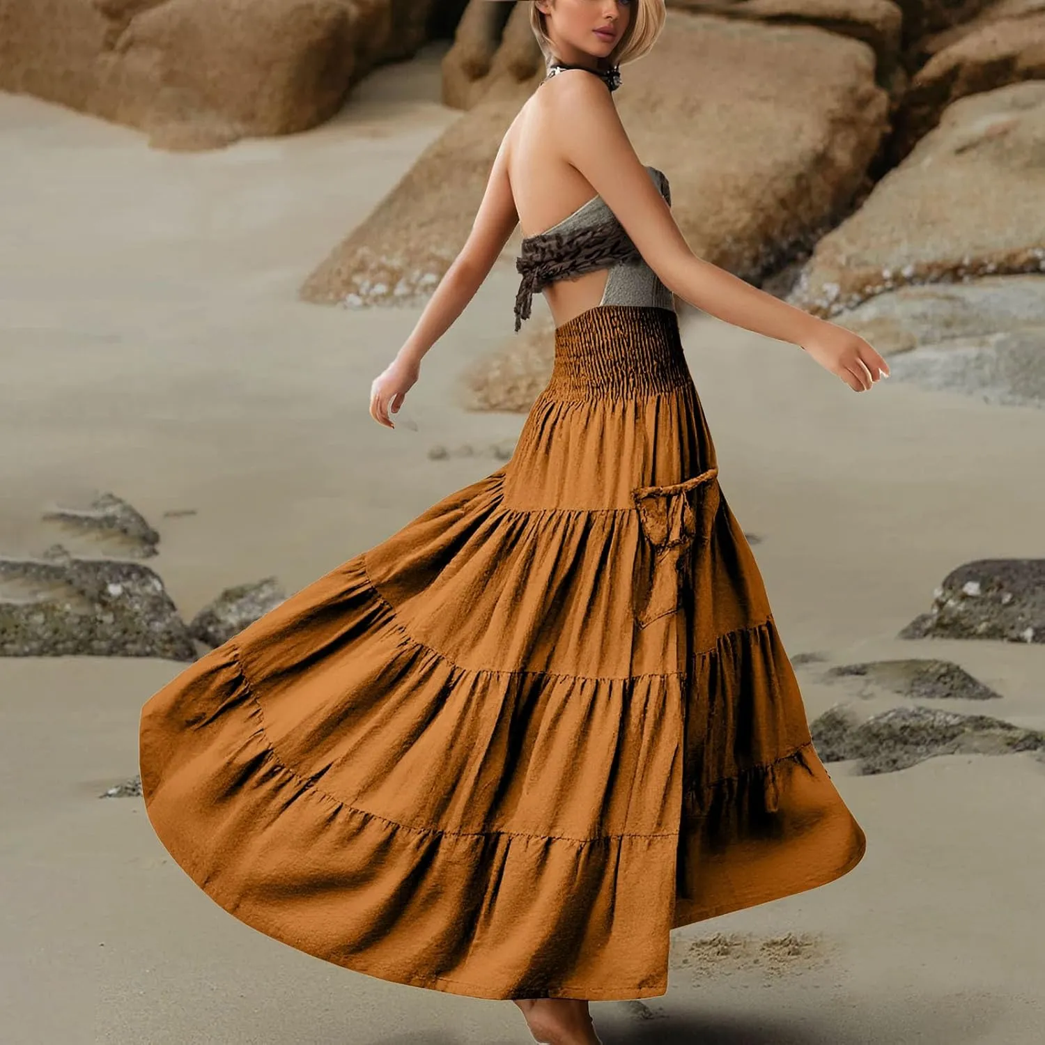 Maxi Dresses for Women Elastic High Waisted Casual Boho Full Skirt Beach Pleated Hippie Gypsy Skirt with Pockets