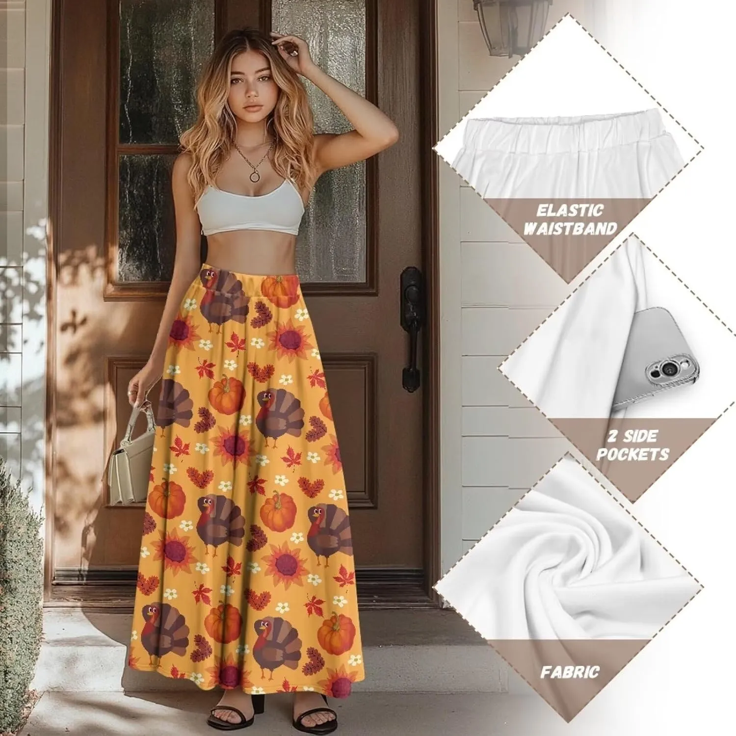 Maxi Skirts for Women Fall Trendy Casual Elastic High Waist Long Skirts A Line Skirts with Pockets Large Size