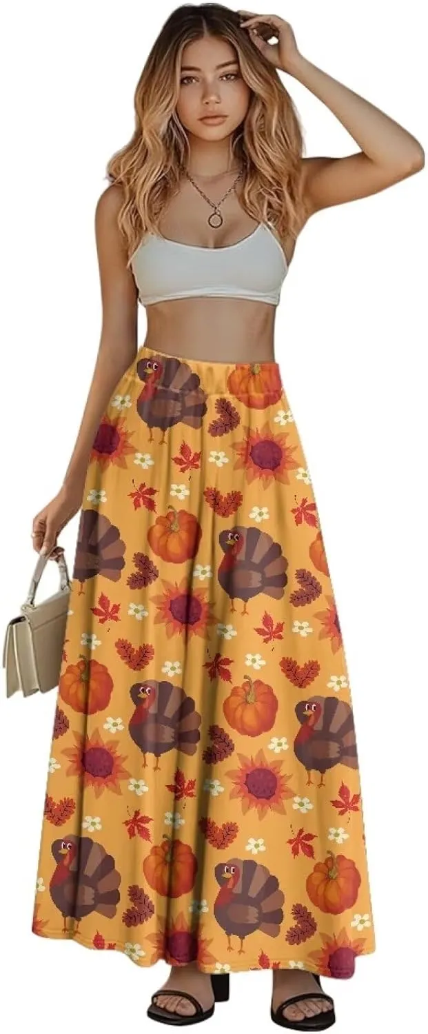 Maxi Skirts for Women Fall Trendy Casual Elastic High Waist Long Skirts A Line Skirts with Pockets Large Size