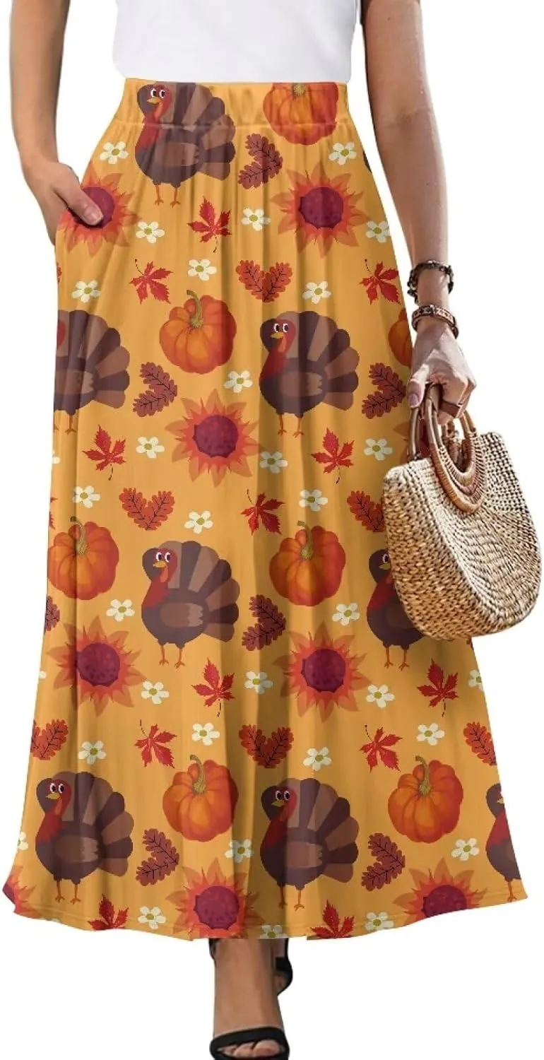 Maxi Skirts for Women Fall Trendy Casual Elastic High Waist Long Skirts A Line Skirts with Pockets Large Size