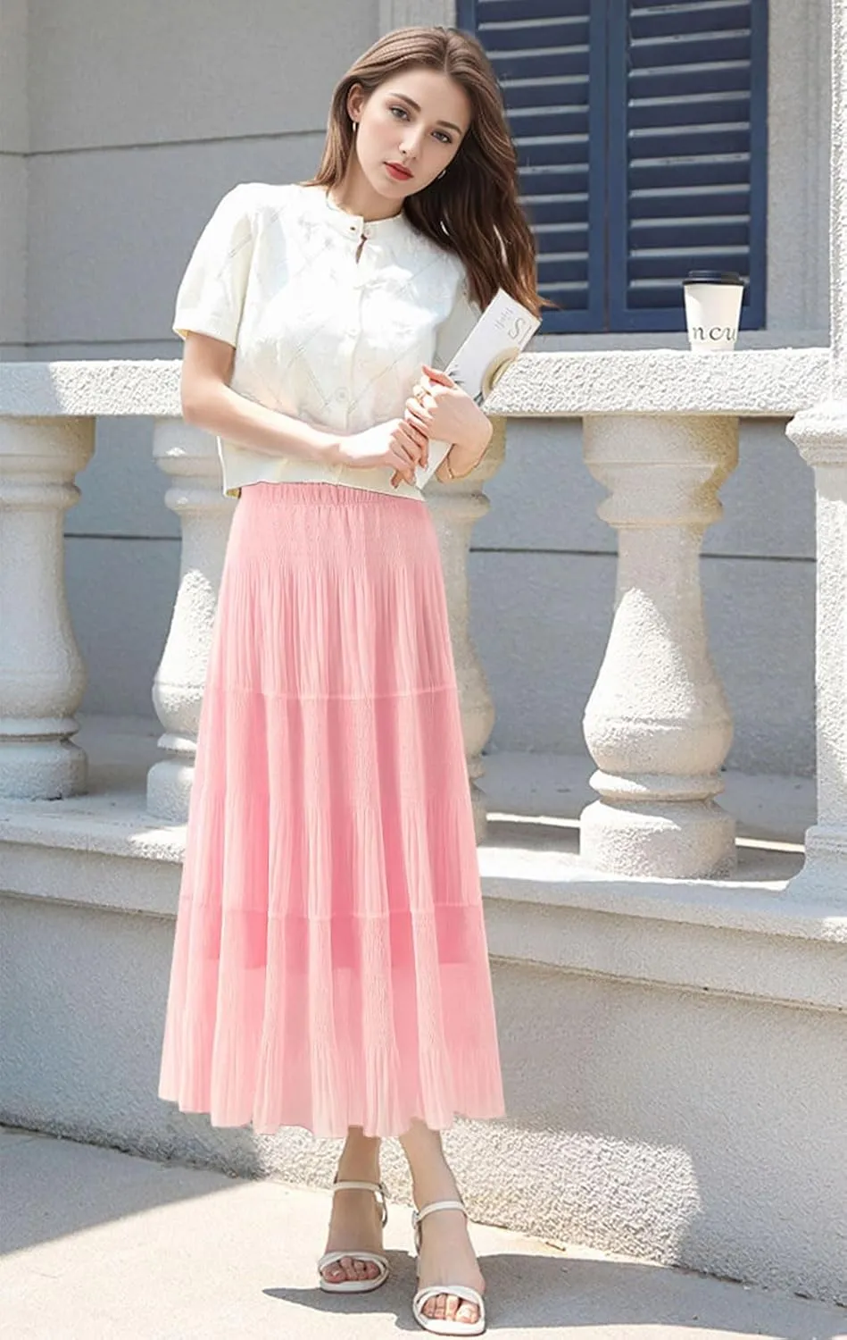 Maxi Skirts for Women Pleated Long Flowy Chiffon Elastic Waist Tiered A Line Skirt