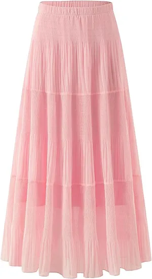 Maxi Skirts for Women Pleated Long Flowy Chiffon Elastic Waist Tiered A Line Skirt