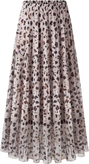 Maxi Skirts for Women Pleated Long Flowy Chiffon Elastic Waist Tiered A Line Skirt