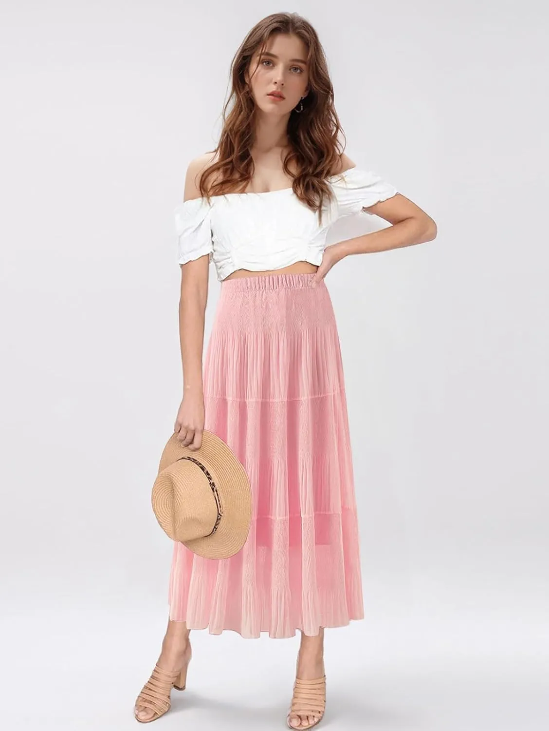 Maxi Skirts for Women Pleated Long Flowy Chiffon Elastic Waist Tiered A Line Skirt