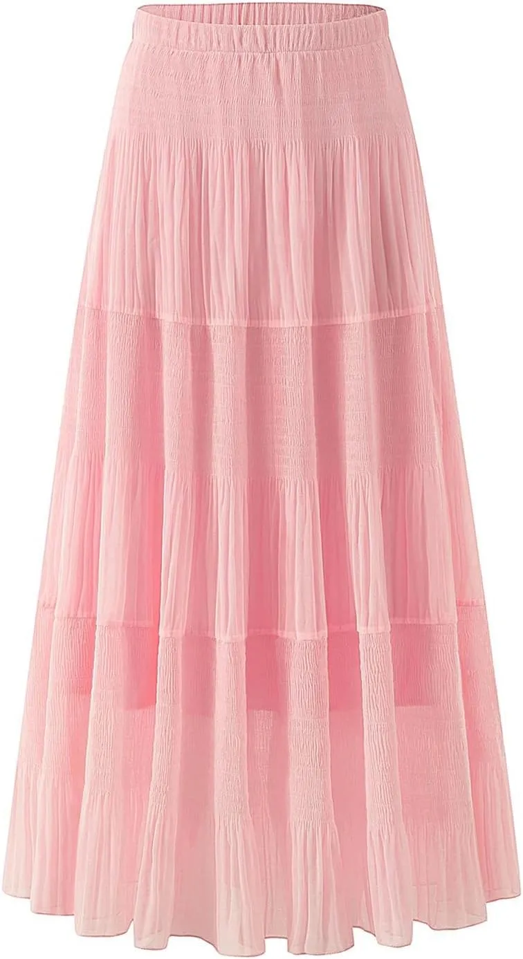 Maxi Skirts for Women Pleated Long Flowy Chiffon Elastic Waist Tiered A Line Skirt