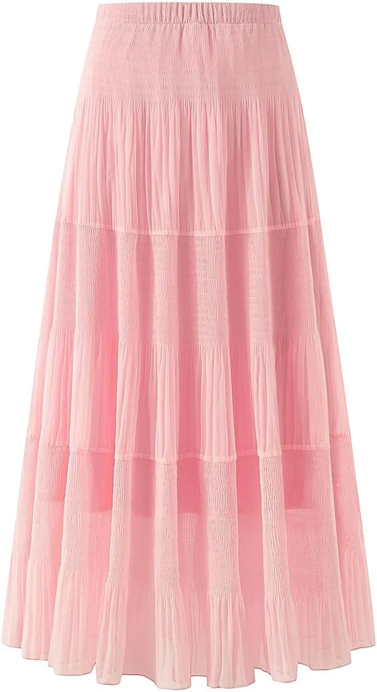 Maxi Skirts for Women Pleated Long Flowy Chiffon Elastic Waist Tiered A Line Skirt