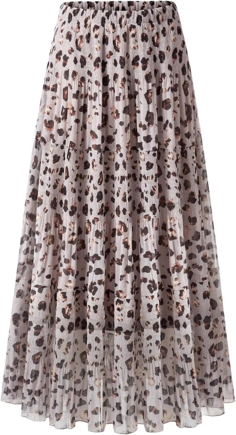 Maxi Skirts for Women Pleated Long Flowy Chiffon Elastic Waist Tiered A Line Skirt