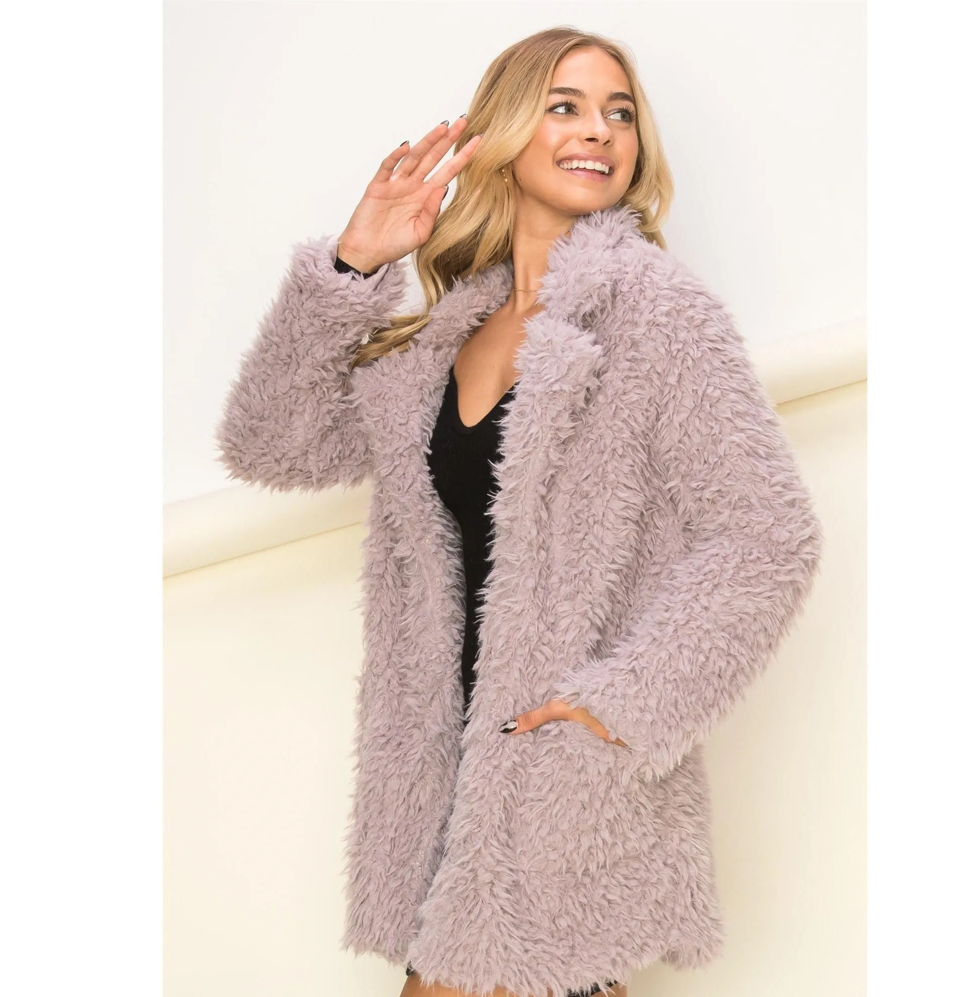 Mel Marie Lavender Oversized Long Sleeve Faux Fur Coat