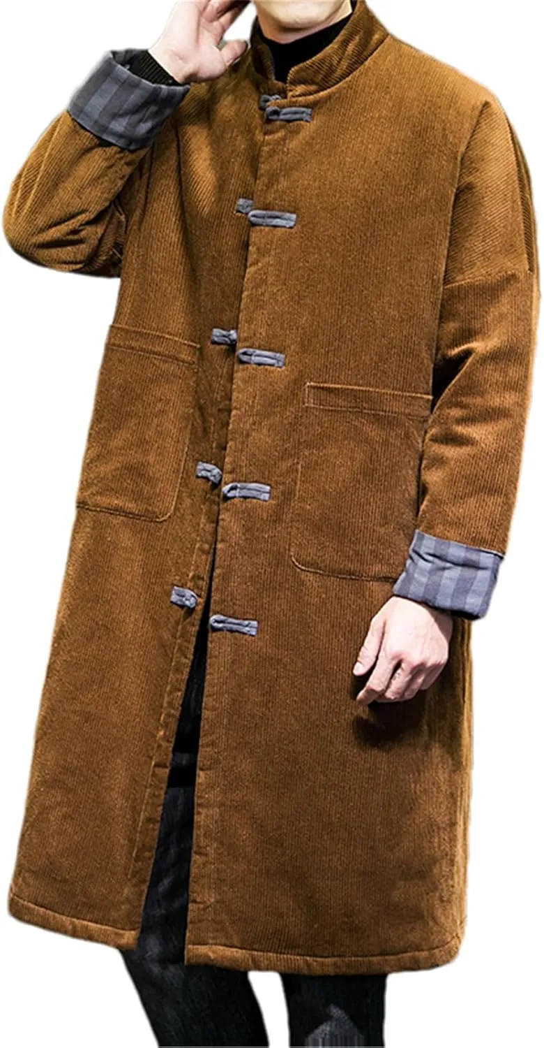 Men Kung Fu Long Coat Cotton Corduroy Wool Jackets Windbreaker Warm Cotton-Padded Jacket Coat
