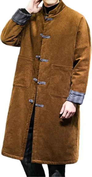 Men Kung Fu Long Coat Cotton Corduroy Wool Jackets Windbreaker Warm Cotton-Padded Jacket Coat