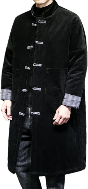 Men Kung Fu Long Coat Cotton Corduroy Wool Jackets Windbreaker Warm Cotton-Padded Jacket Coat