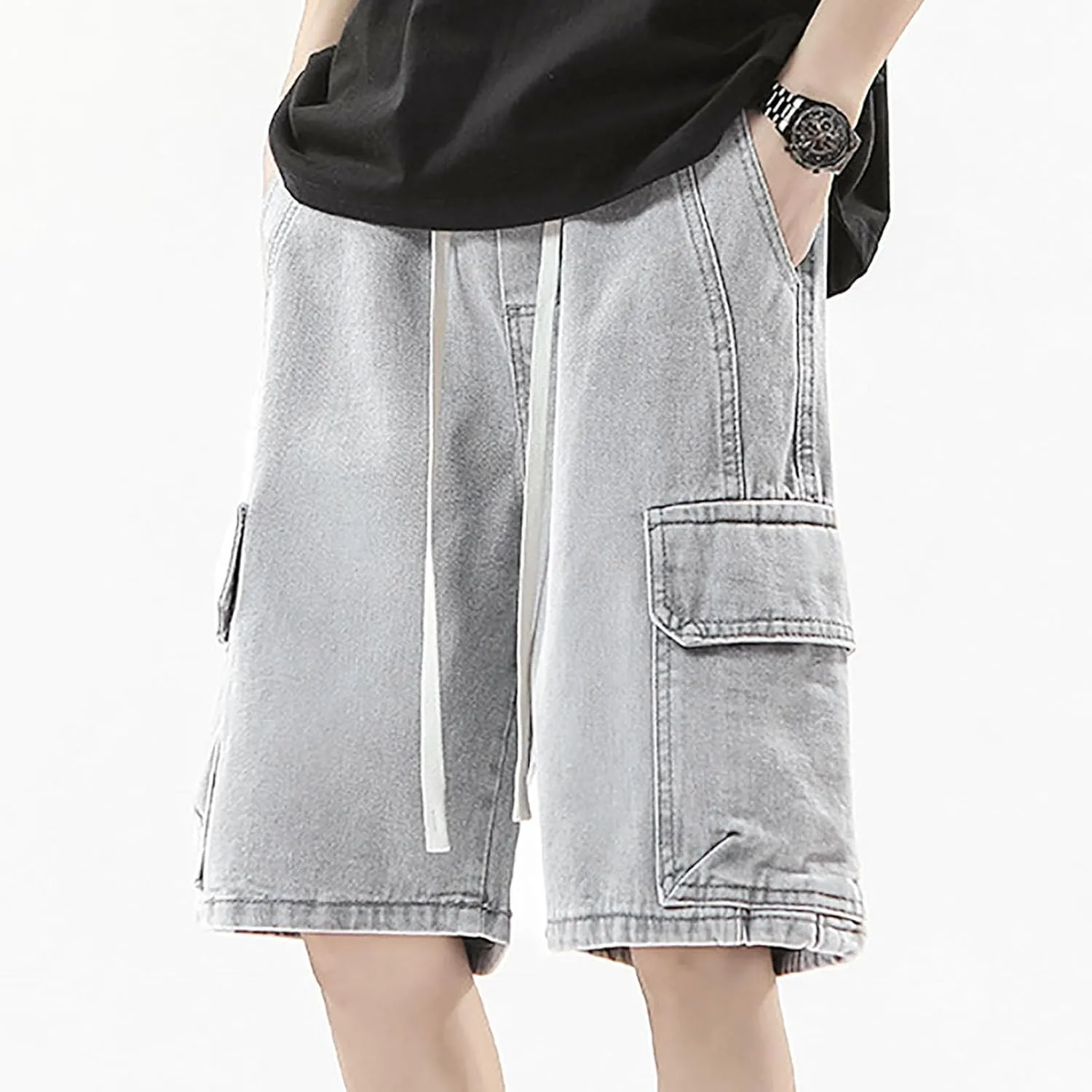 Men Loose Fit Denim Shorts Baggy Summer Casual Wide Leg Long Jean Jorts Hip Hop Shorts Streetwear with Pockets