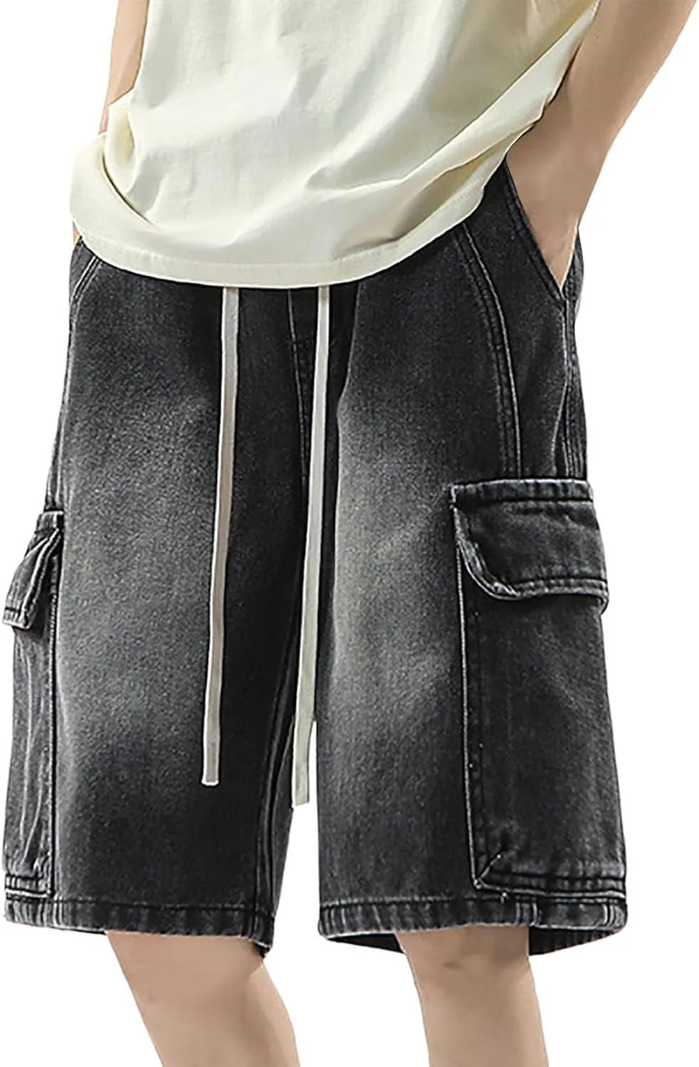 Men Loose Fit Denim Shorts Baggy Summer Casual Wide Leg Long Jean Jorts Hip Hop Shorts Streetwear with Pockets