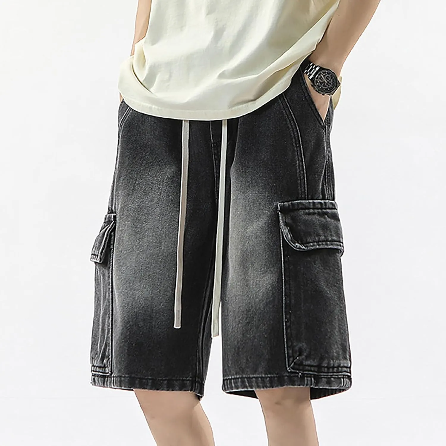 Men Loose Fit Denim Shorts Baggy Summer Casual Wide Leg Long Jean Jorts Hip Hop Shorts Streetwear with Pockets