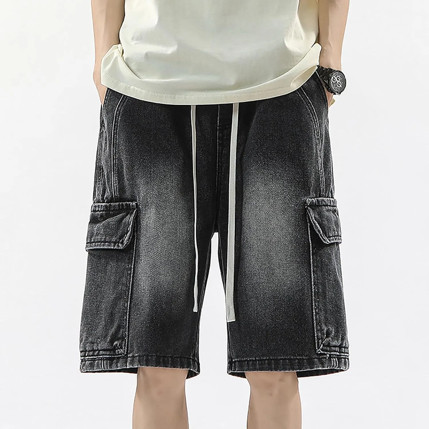 Men Loose Fit Denim Shorts Baggy Summer Casual Wide Leg Long Jean Jorts Hip Hop Shorts Streetwear with Pockets