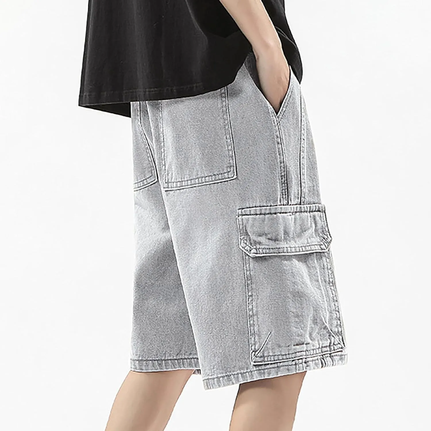 Men Loose Fit Denim Shorts Baggy Summer Casual Wide Leg Long Jean Jorts Hip Hop Shorts Streetwear with Pockets