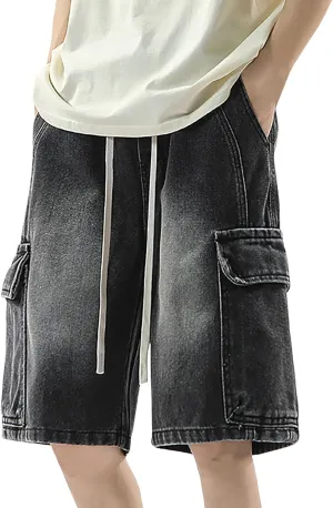 Men Loose Fit Denim Shorts Baggy Summer Casual Wide Leg Long Jean Jorts Hip Hop Shorts Streetwear with Pockets