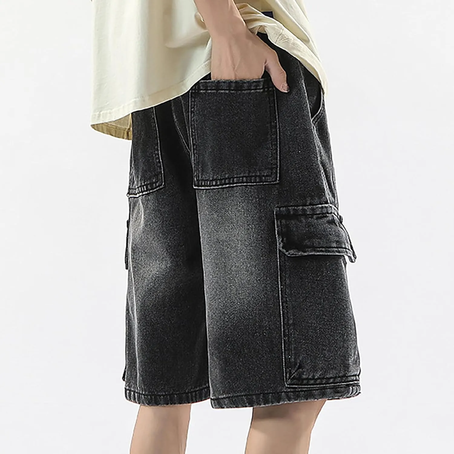 Men Loose Fit Denim Shorts Baggy Summer Casual Wide Leg Long Jean Jorts Hip Hop Shorts Streetwear with Pockets