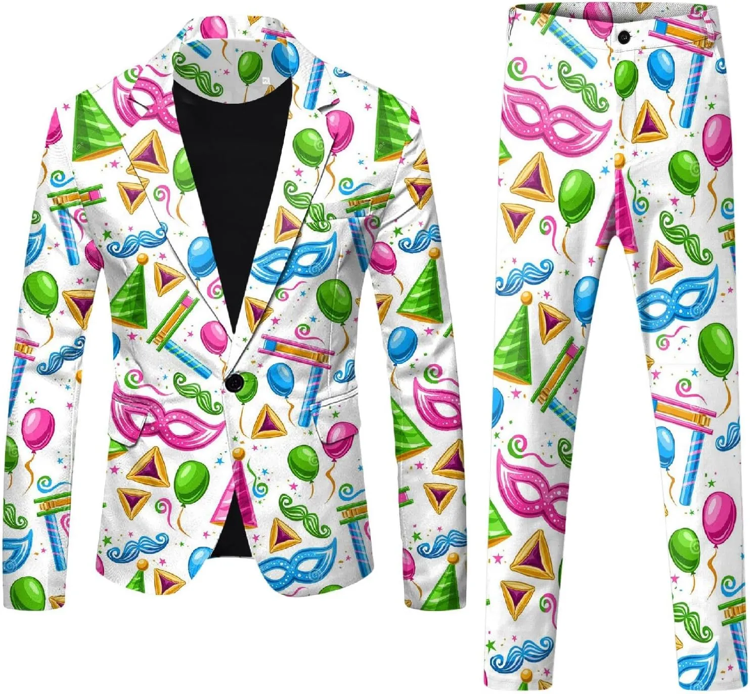Mens 2 Piece Mardi Gras Casual Sweatsuits One Buttton Notched Lapel Party Floral Suit Jacket Dress Pants Suits Set