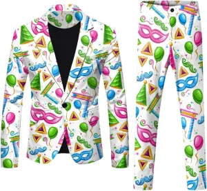 Mens 2 Piece Mardi Gras Casual Sweatsuits One Buttton Notched Lapel Party Floral Suit Jacket Dress Pants Suits Set
