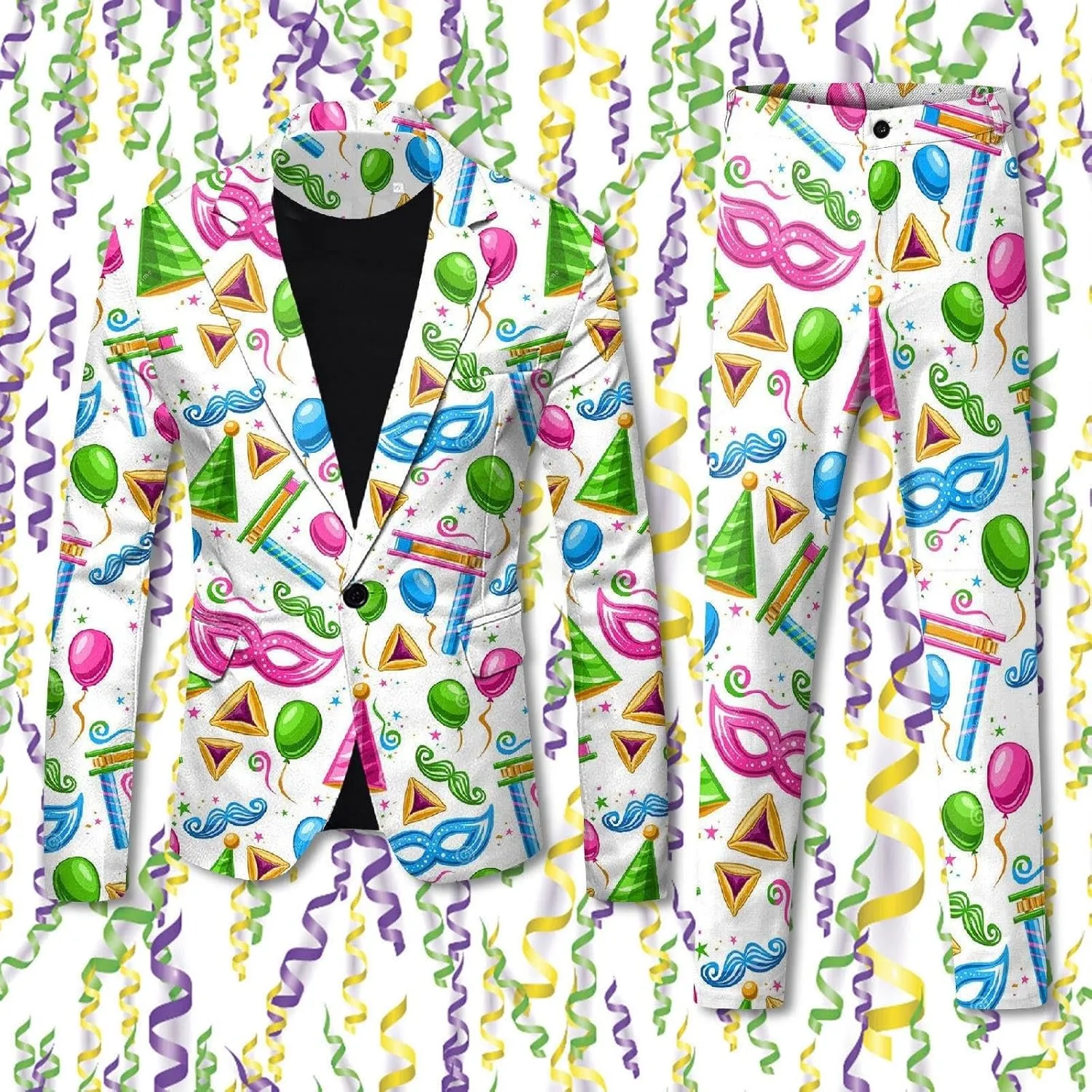 Mens 2 Piece Mardi Gras Casual Sweatsuits One Buttton Notched Lapel Party Floral Suit Jacket Dress Pants Suits Set