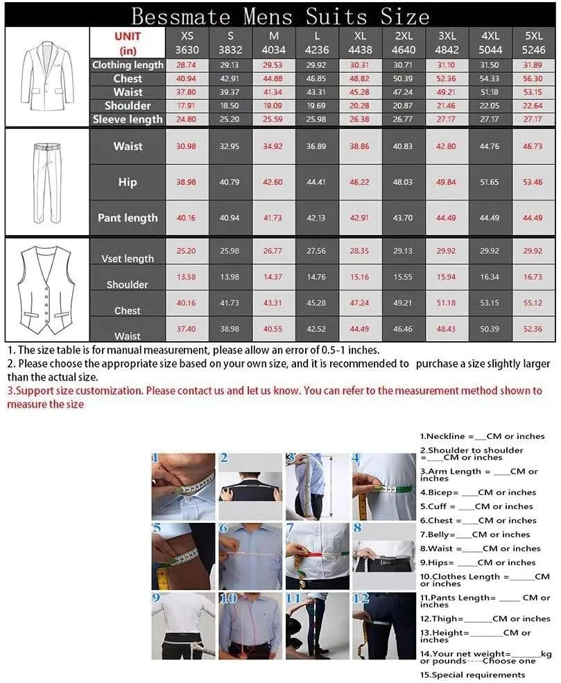 Mens 3 Pieces Classic Suit Wedding Blazer Grooms Jackets Vests Pants Suits