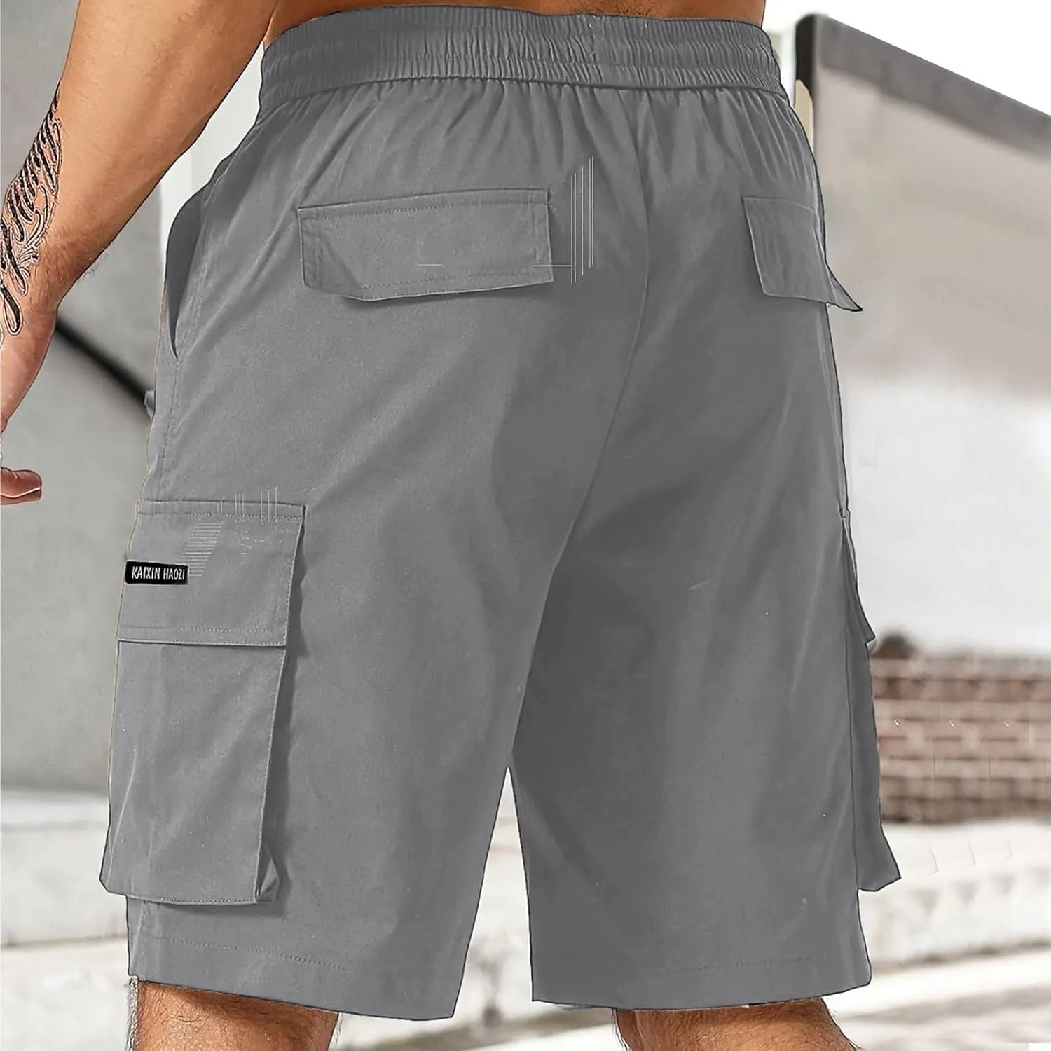 Men's Cargo Shorts Slim Fit Elastic Waist Hiking Long Shorts Drawstring Big Tall Golf Gym Work Pants Multi Pockets