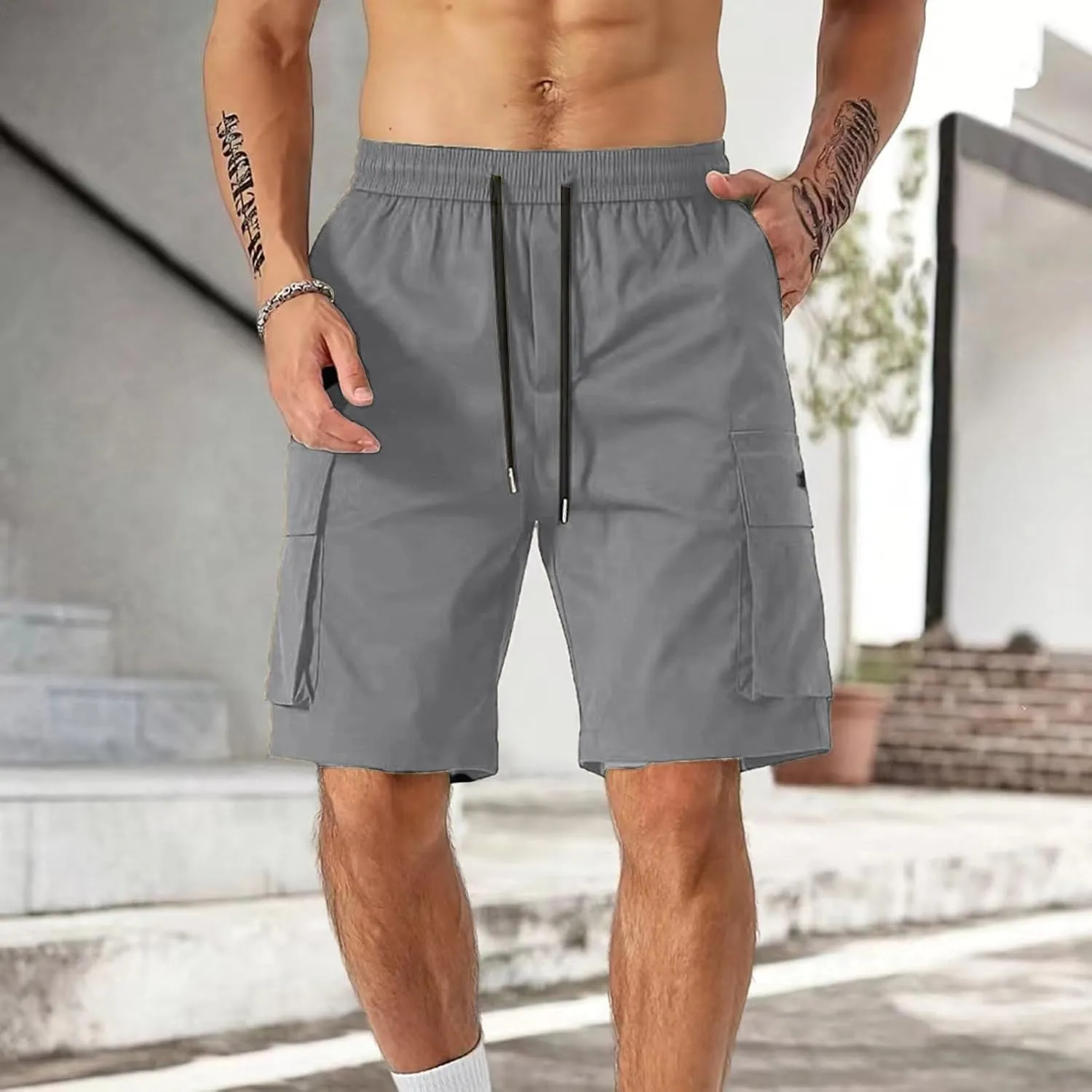 Men's Cargo Shorts Slim Fit Elastic Waist Hiking Long Shorts Drawstring Big Tall Golf Gym Work Pants Multi Pockets