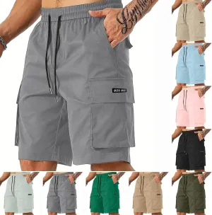 Men's Cargo Shorts Slim Fit Elastic Waist Hiking Long Shorts Drawstring Big Tall Golf Gym Work Pants Multi Pockets