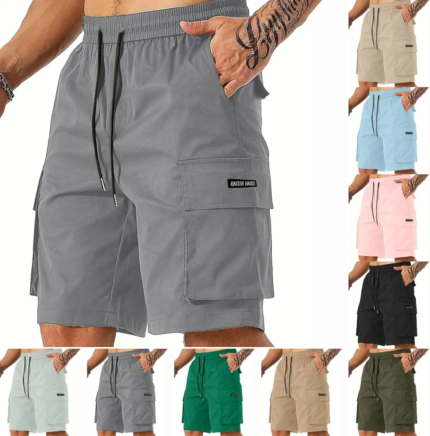 Men's Cargo Shorts Slim Fit Elastic Waist Hiking Long Shorts Drawstring Big Tall Golf Gym Work Pants Multi Pockets