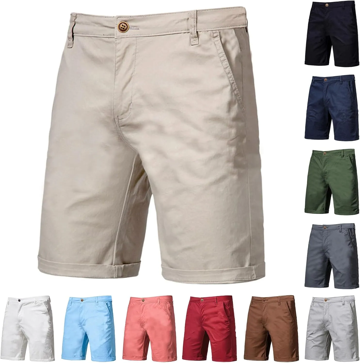 Men's Casual Chino Shorts Solid Straight Leg Cargo Shorts Flat Front Stretch Pants Slim Fit Summer Pants with Pockets