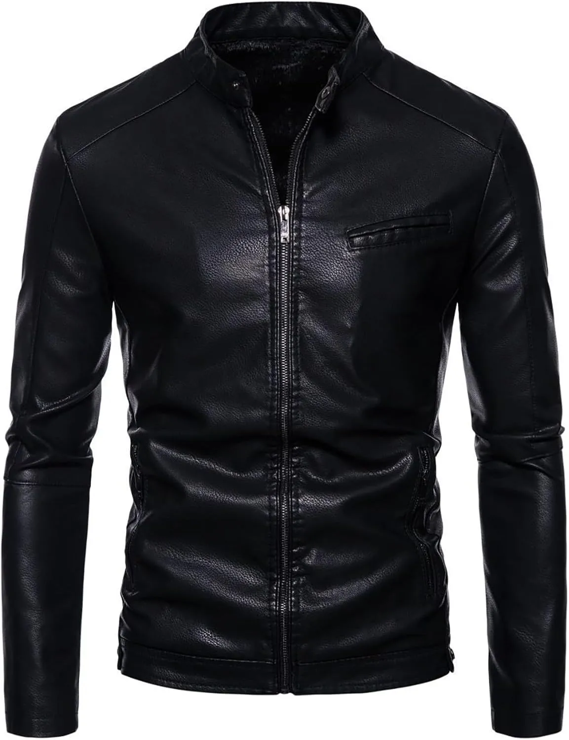 Men's Casual Faux Leather Jacket Stand Collar Zip-up Biker Motorcycle Jackets Classic Solid Jackets Coat with Pocket