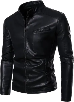 Men's Casual Faux Leather Jacket Stand Collar Zip-up Biker Motorcycle Jackets Classic Solid Jackets Coat with Pocket
