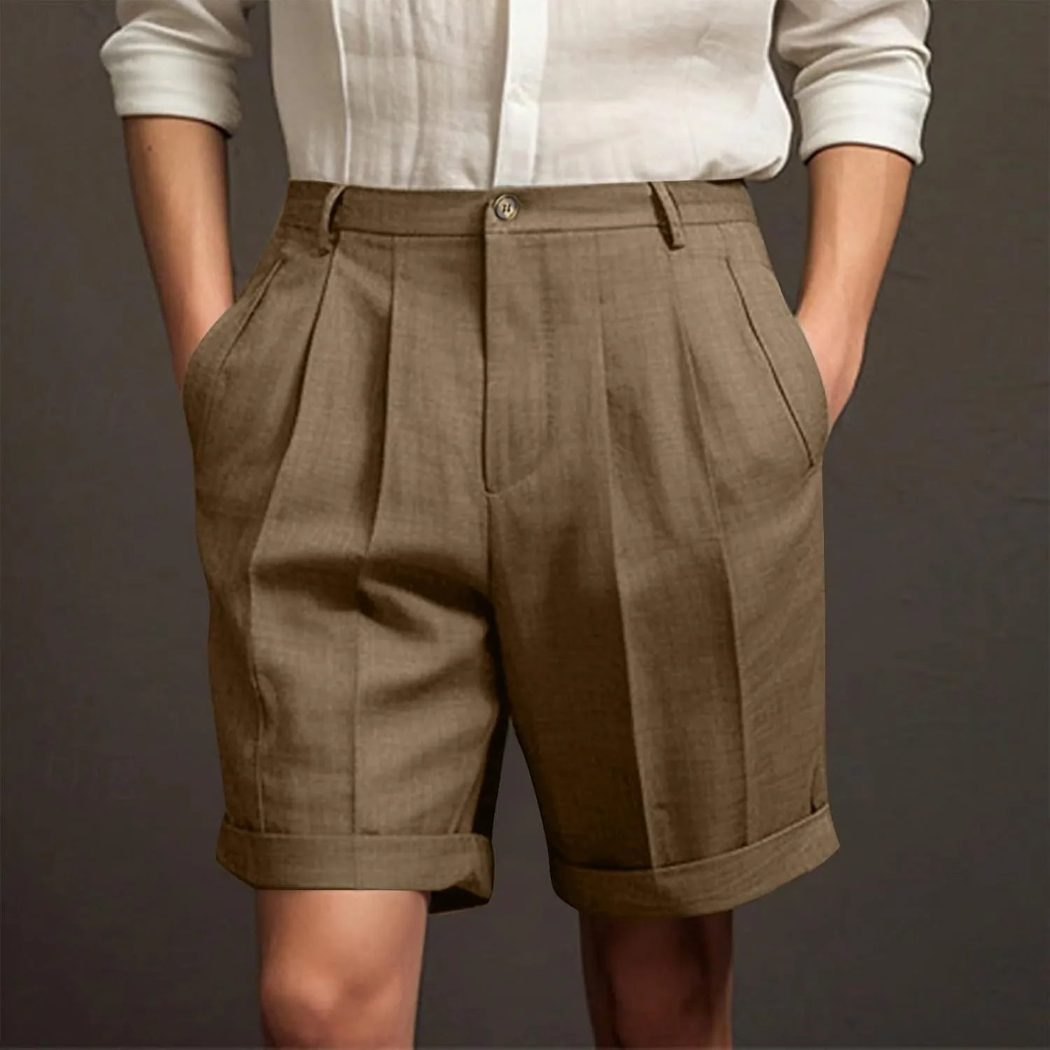 Mens Golf Chino Shorts Summer Beach Relaxted-Fit Pleated Front Button Waist Suit Shorts Solid Work Basic Short Pants