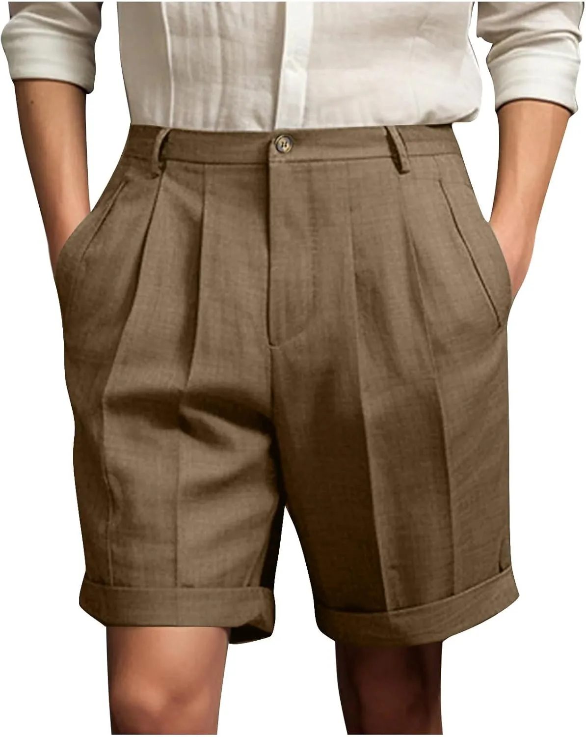Mens Golf Chino Shorts Summer Beach Relaxted-Fit Pleated Front Button Waist Suit Shorts Solid Work Basic Short Pants