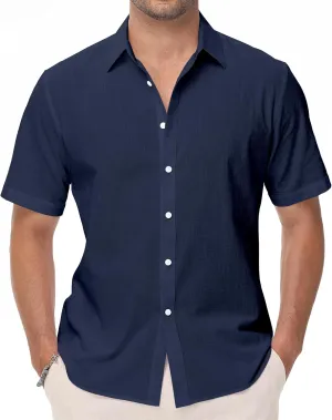 Mens Linen Shirts Short Sleeve Button Down Regular Fit Shirts Casual Vacation Beach Summer Hawaiian Tops