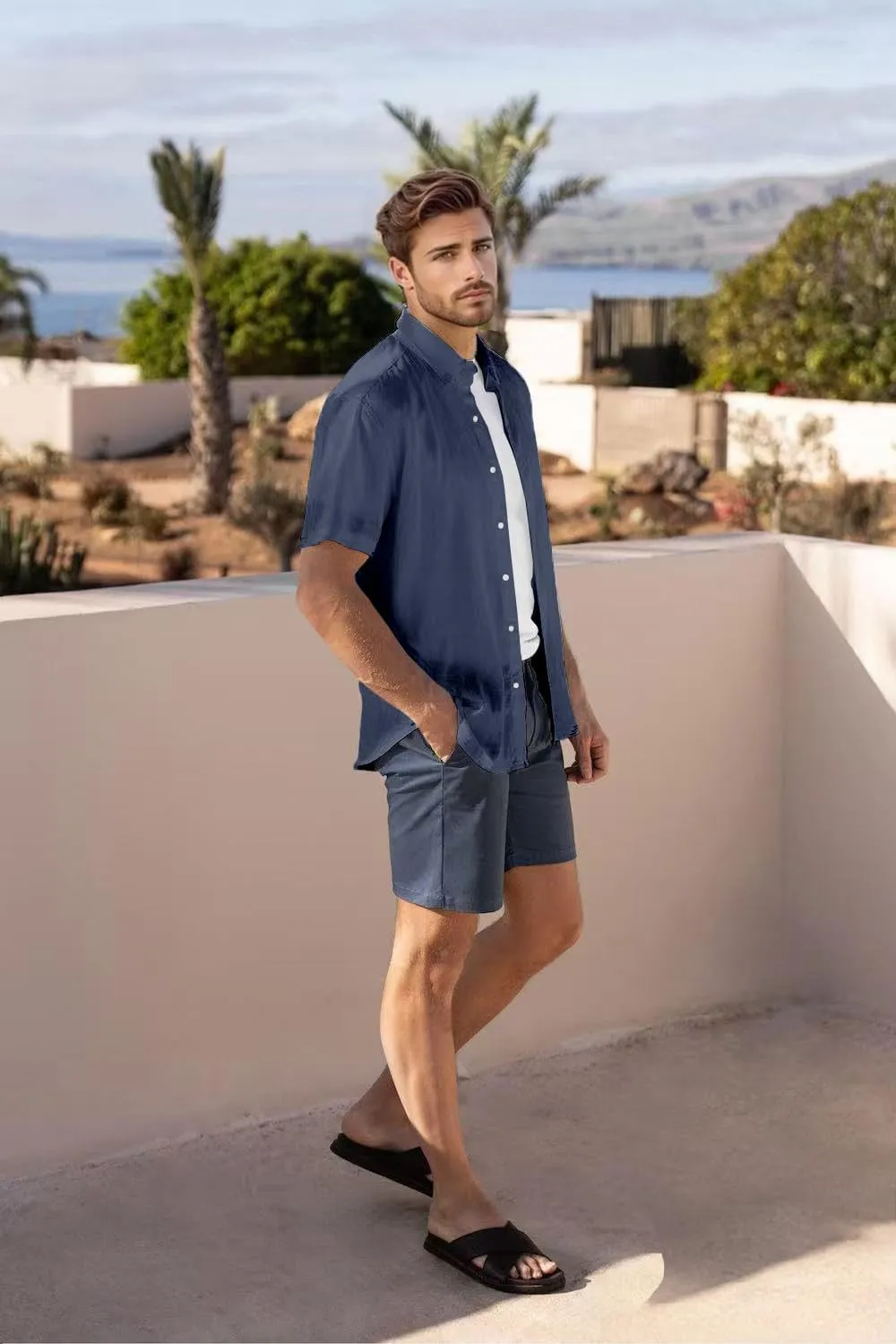 Mens Linen Shirts Short Sleeve Button Down Regular Fit Shirts Casual Vacation Beach Summer Hawaiian Tops