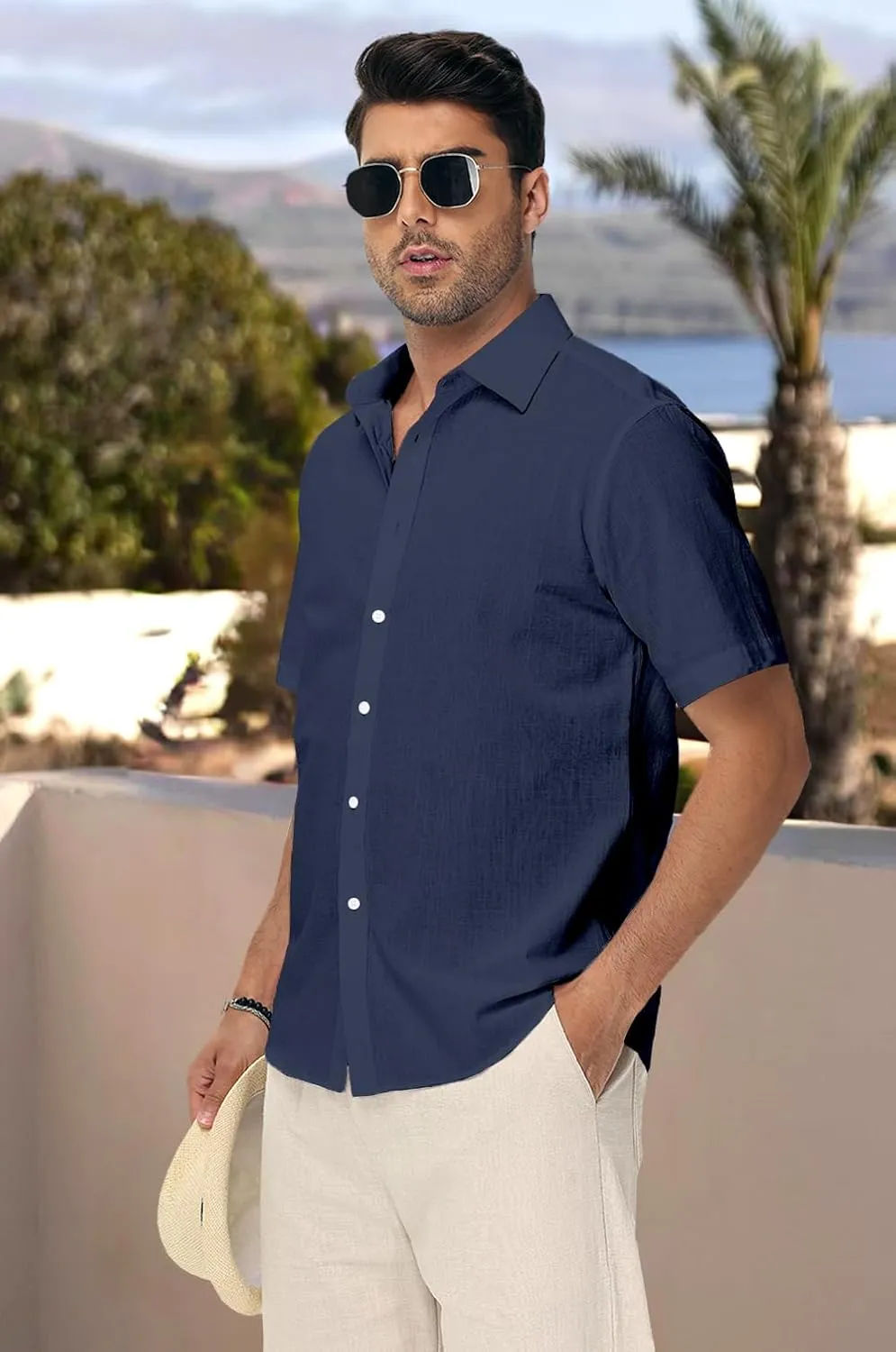 Mens Linen Shirts Short Sleeve Button Down Regular Fit Shirts Casual Vacation Beach Summer Hawaiian Tops