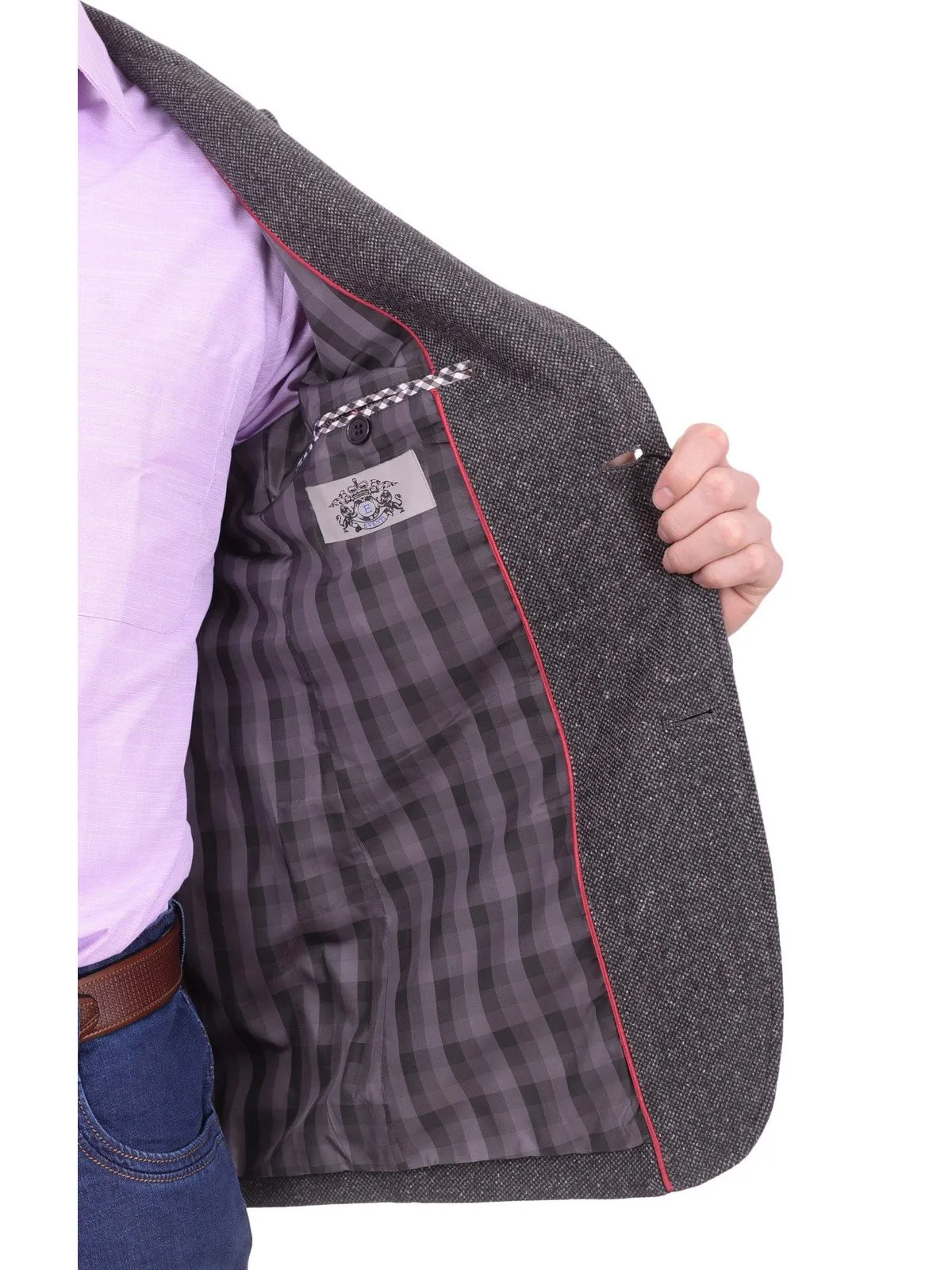 Mens Napoli Charcoal Textured Flannel Wool Sportcoat With Elbow Patches
