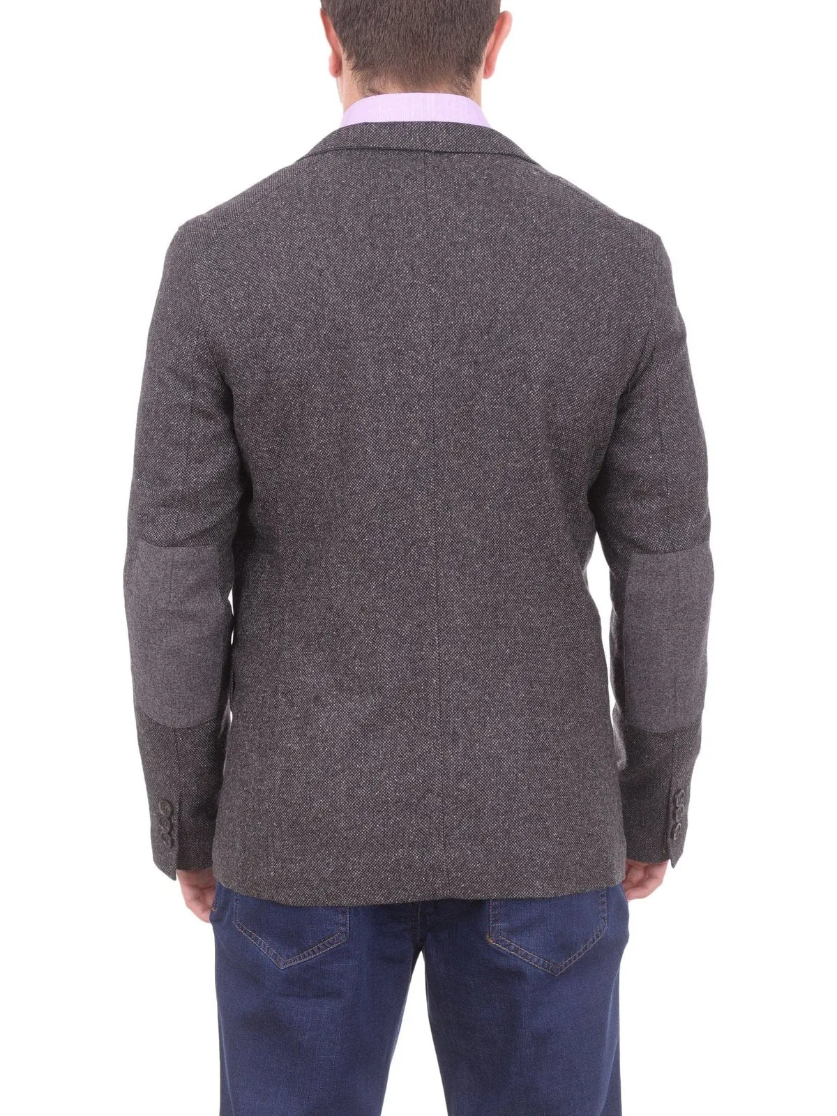 Mens Napoli Charcoal Textured Flannel Wool Sportcoat With Elbow Patches