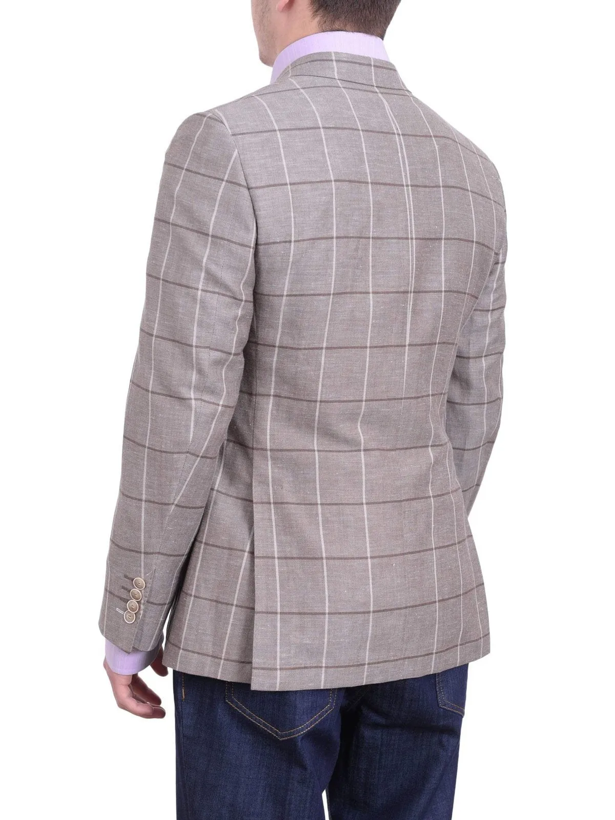 Mens Napoli Taupe Windowpane Half Lined Wool Linen Blend Blazer Sportcoat