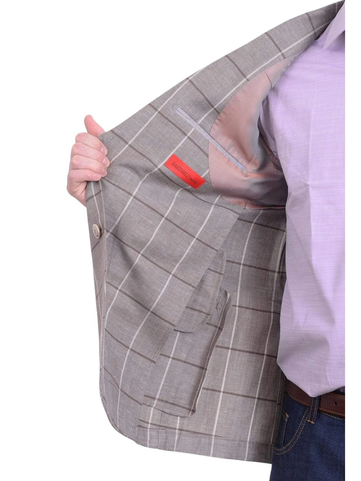 Mens Napoli Taupe Windowpane Half Lined Wool Linen Blend Blazer Sportcoat