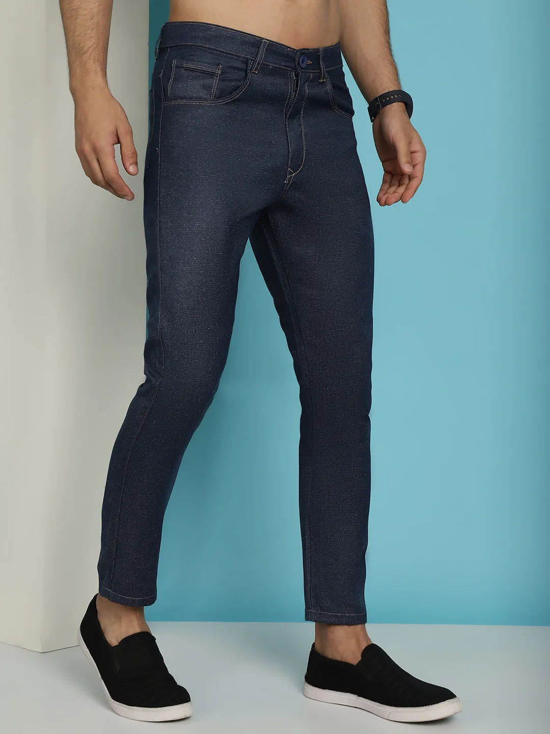 Men'S Navy Blue Solid Cotton Casual Trouser
