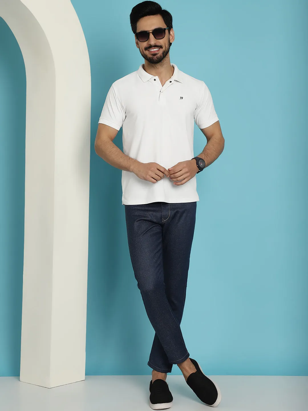 Men'S Navy Blue Solid Cotton Casual Trouser