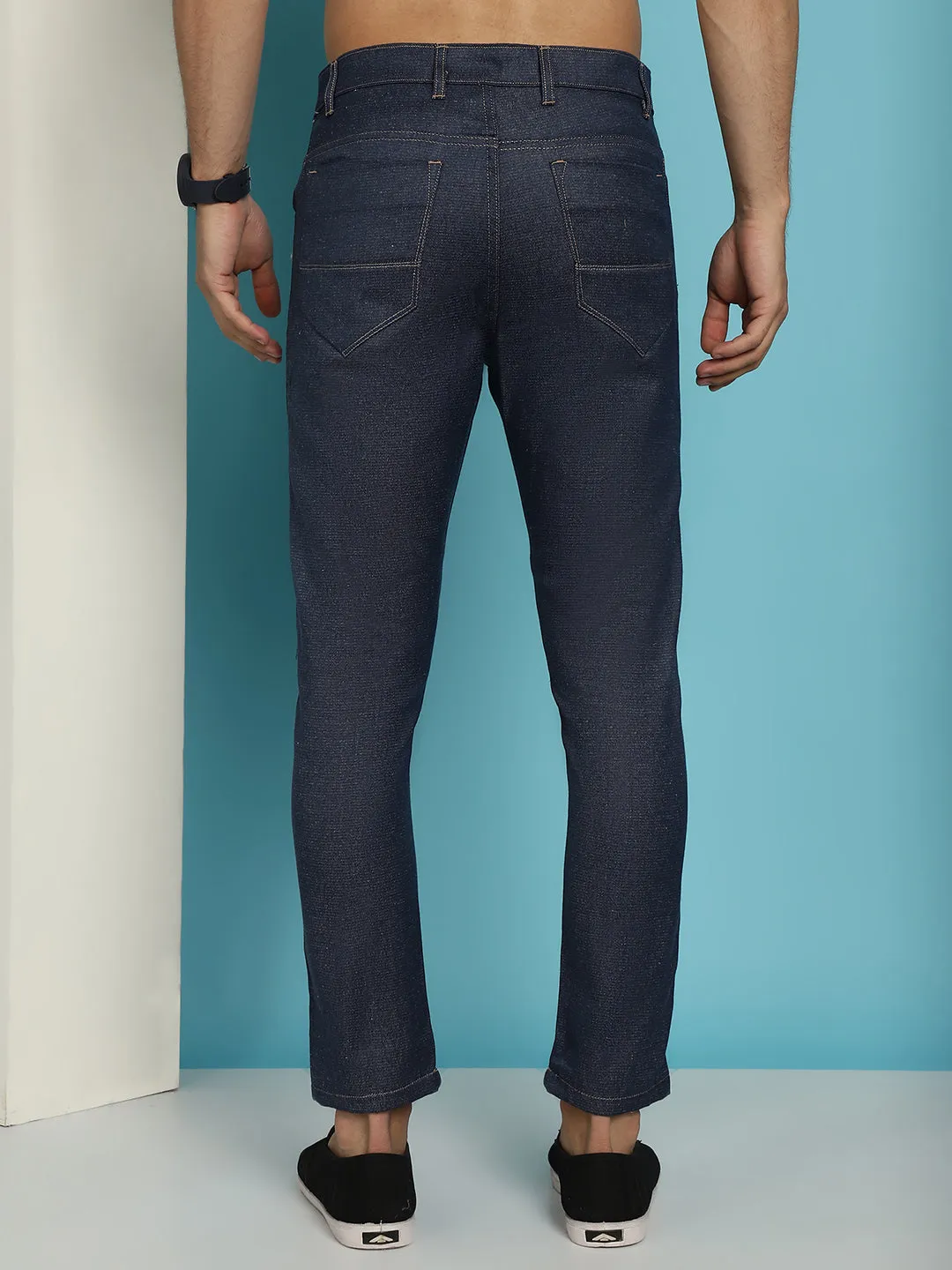 Men'S Navy Blue Solid Cotton Casual Trouser